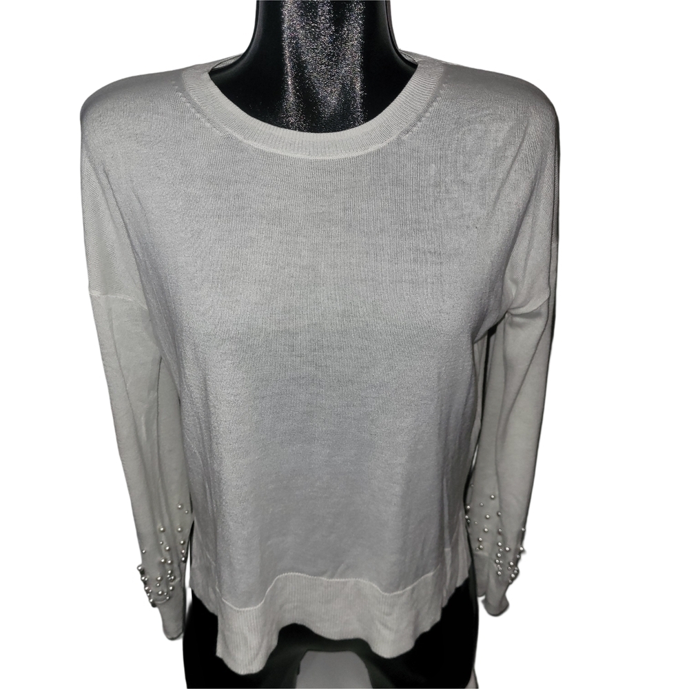 Zara Knit White Pearl-Embellished Long Sleeve Light Sweater Small